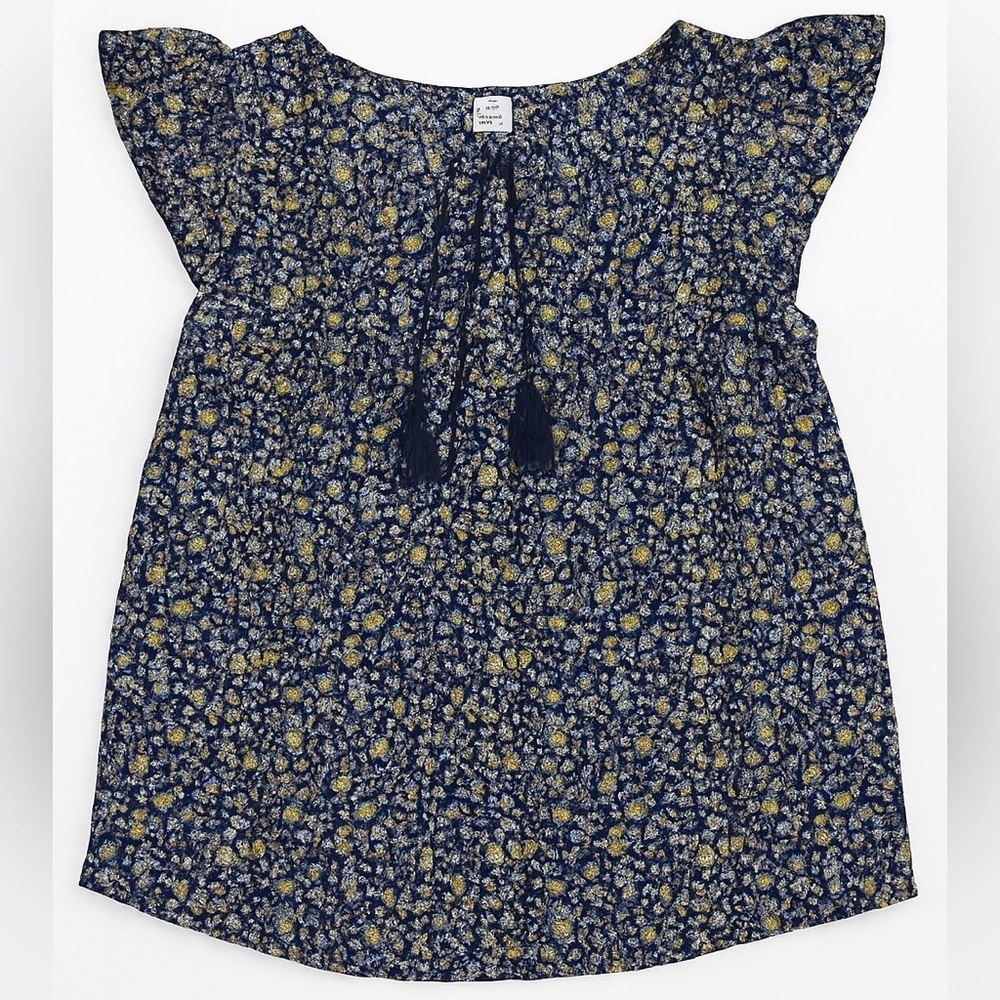 NYC Trends Navy Floral Boho Peasant Top XS NWOT Rayon Flutter Sleeve Tassel Tie